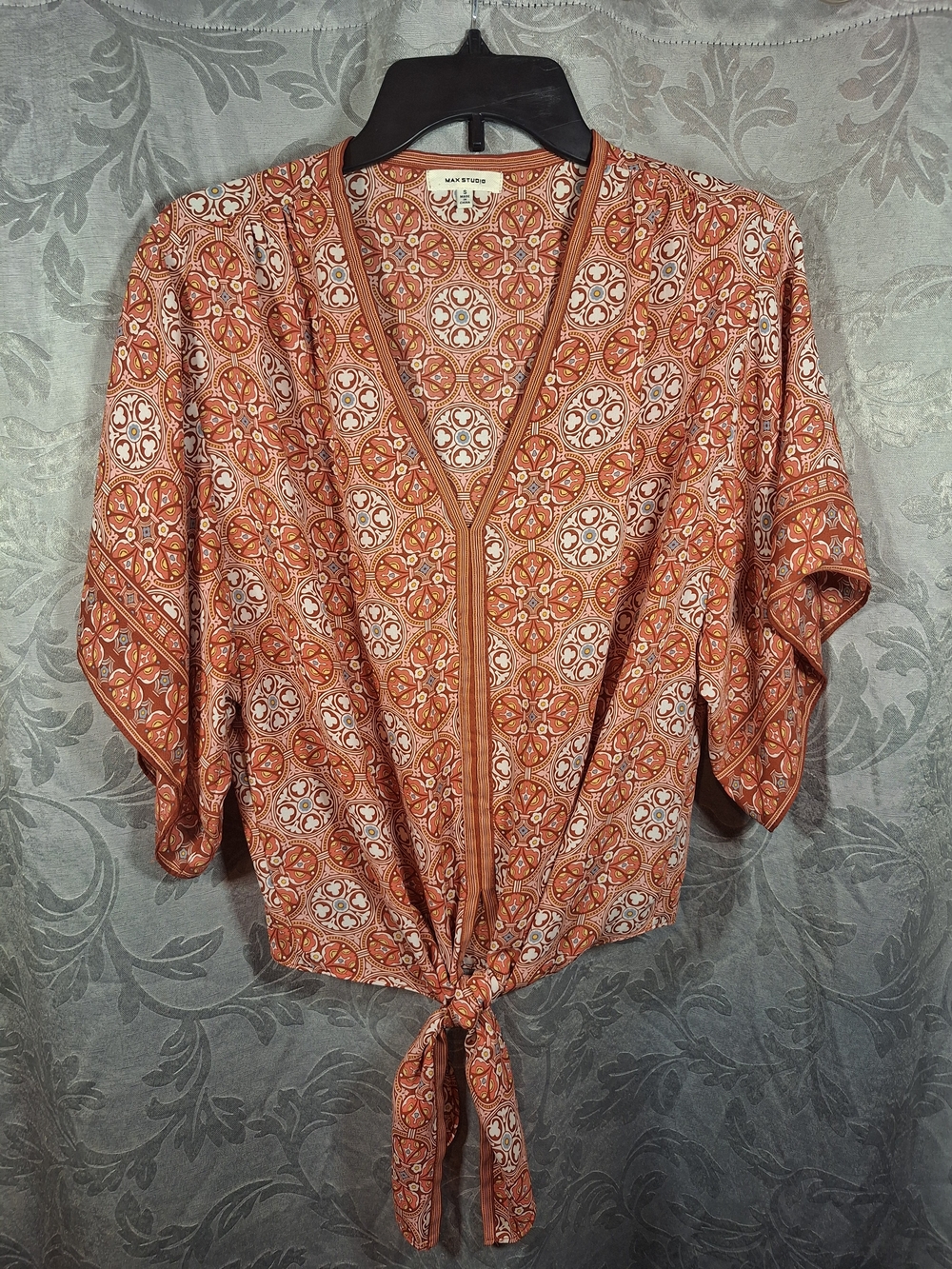 Max Studio Orange Tile-Print Tie-Front Short-Sleeve Top Blouse Women's Small